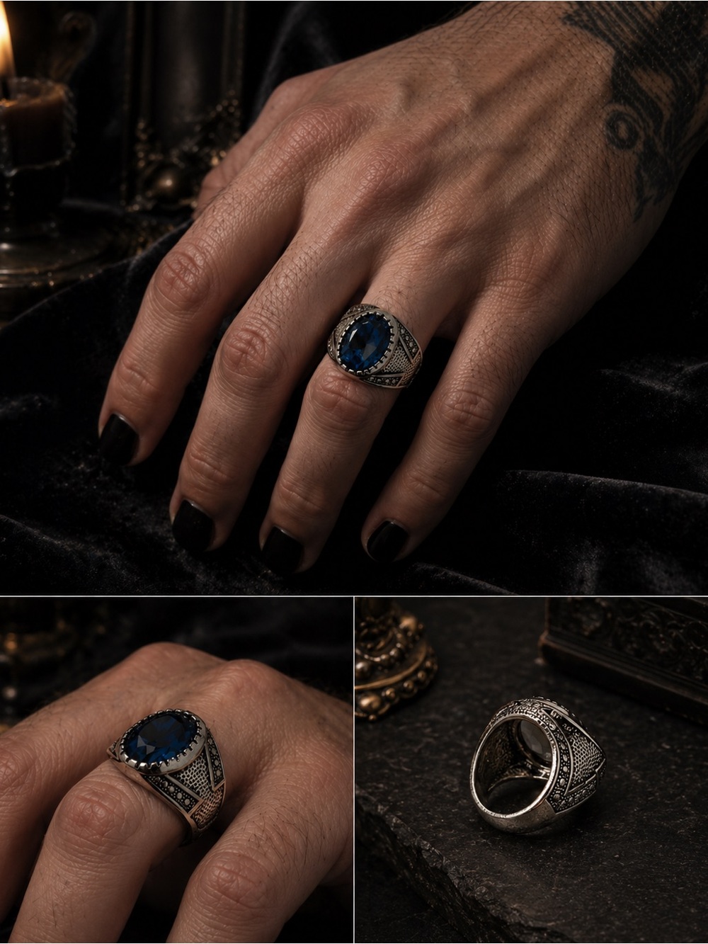 Stainless Steel Ring Size 8 Blue Faux Gem Statement Ring